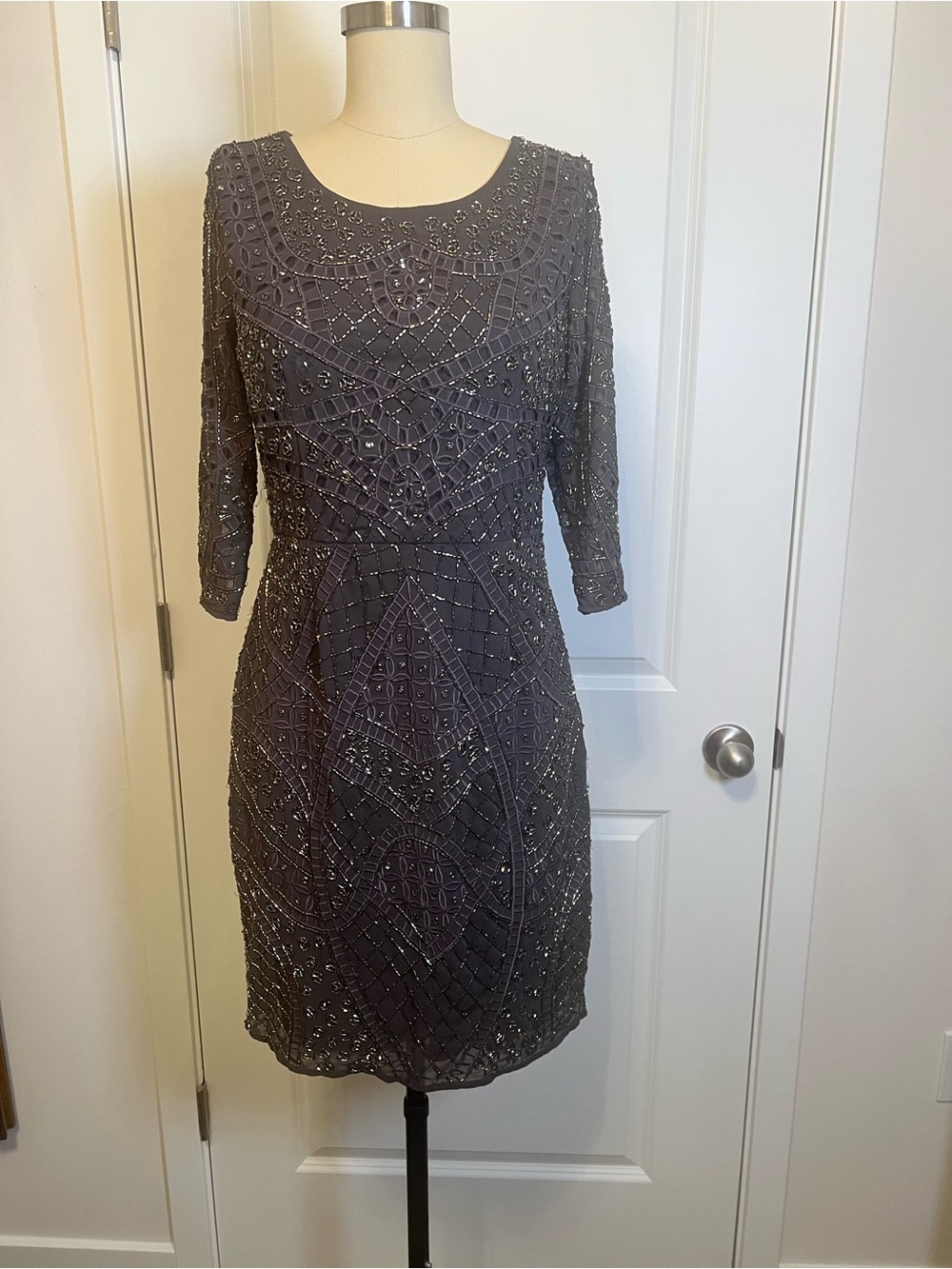 Beaded Midi Dress in Gray - Elegant Occasion Wear